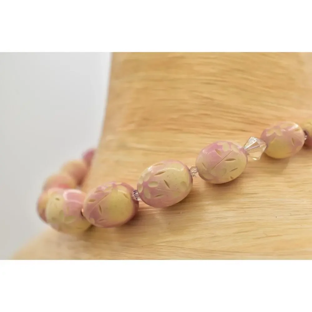 Vintage Flower Carved Beaded Choker Collar Necklace Egg Pink AB Crystal BinBD